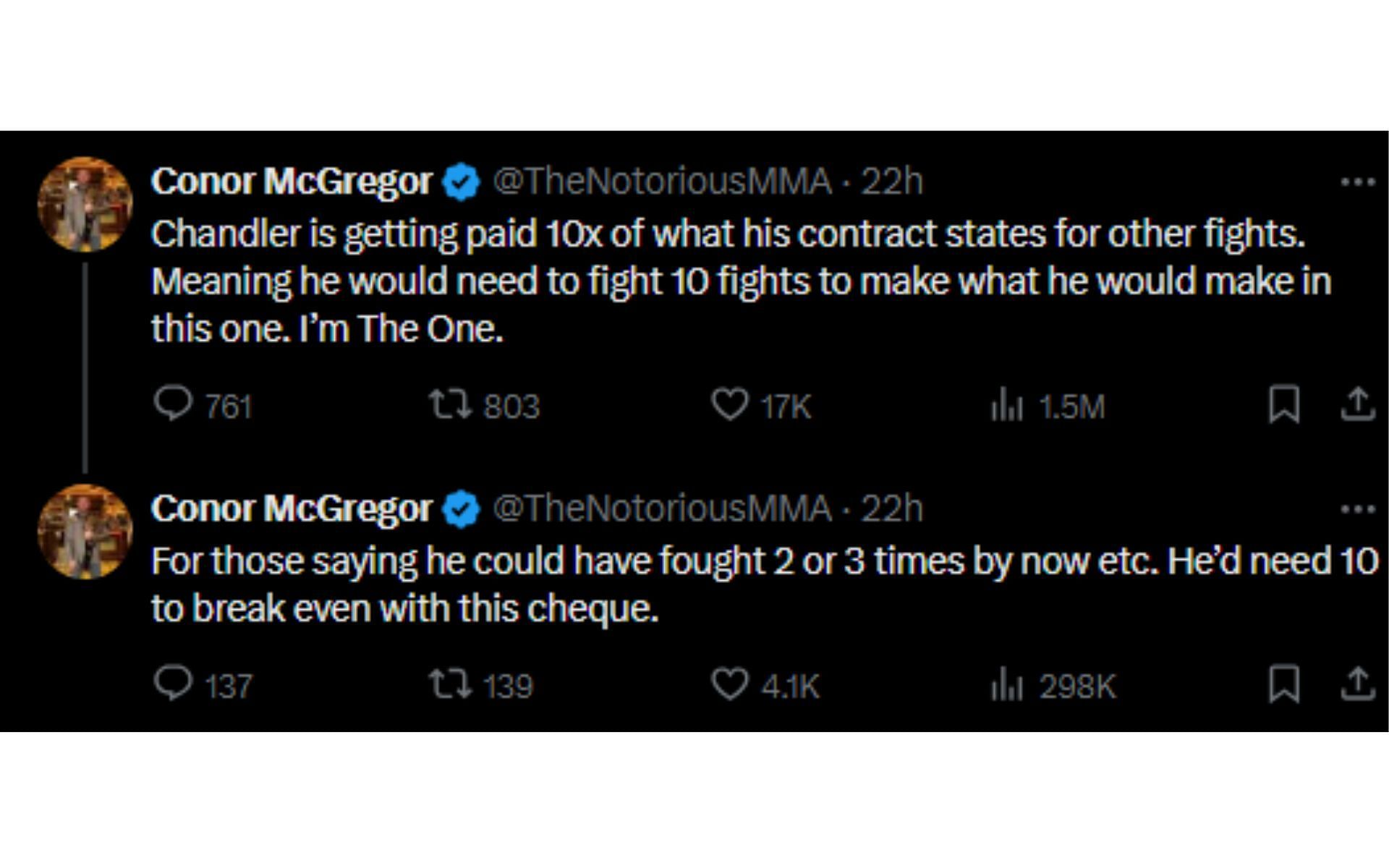 McGregor's tweets regarding Chandler [Image courtesy: @TheNotoriousMMA - X]