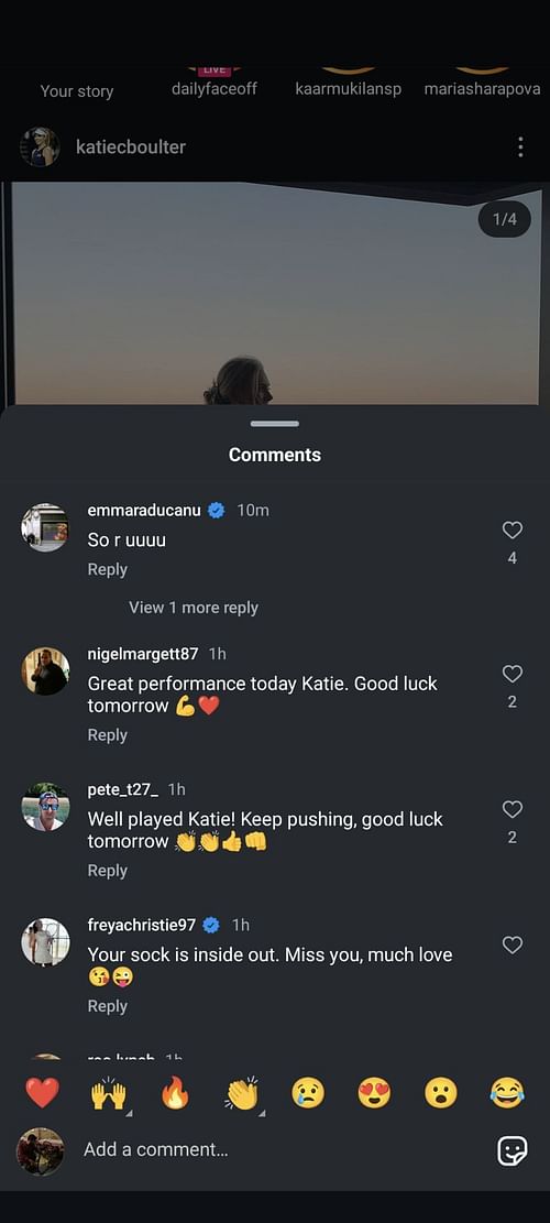 Emma Raducanu's comment on Katie Boulter's Instagram post