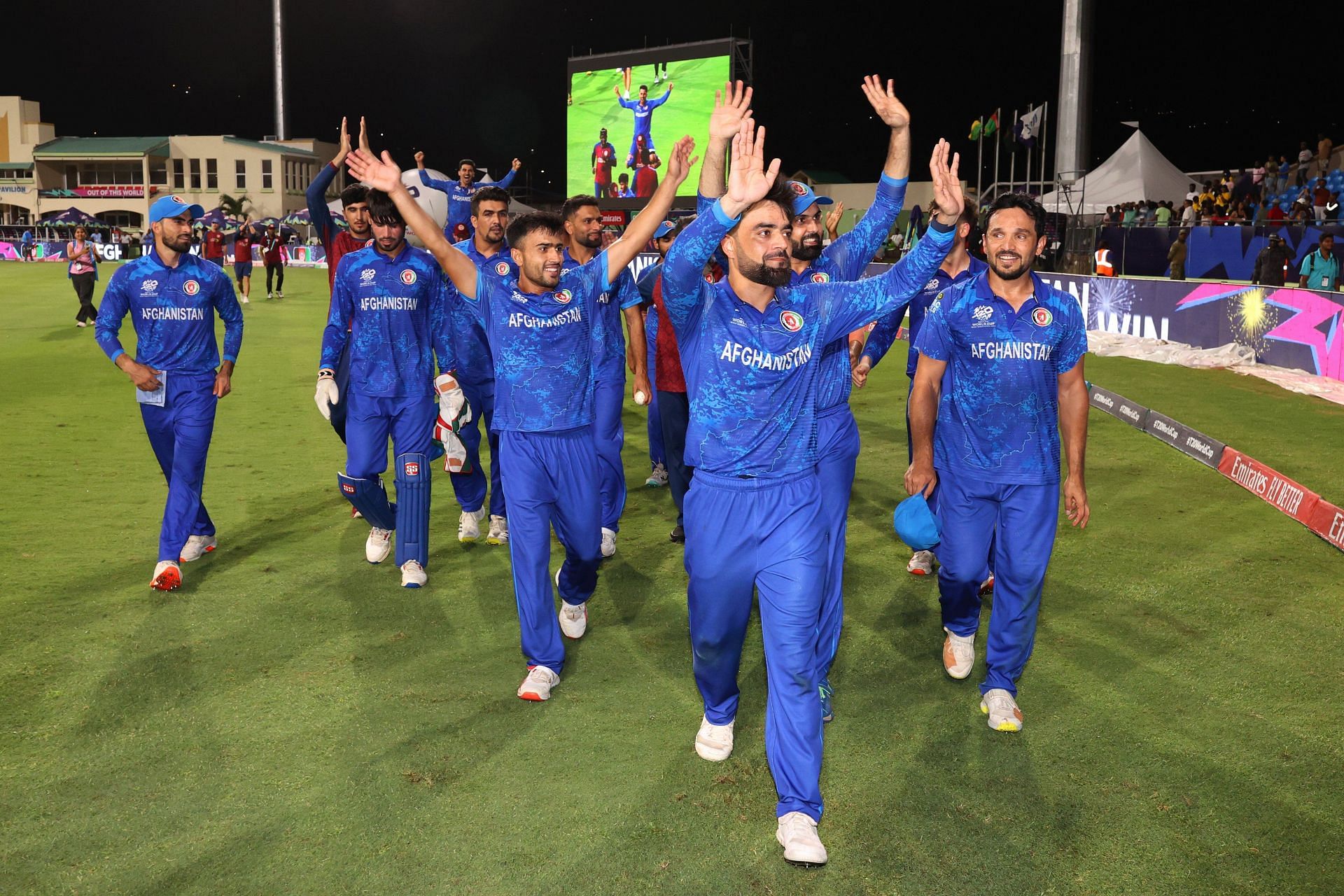 Afghanistan players thanking the crowd in St. Vincent after their incredible win over Bangladesh (P.C.:ICC)