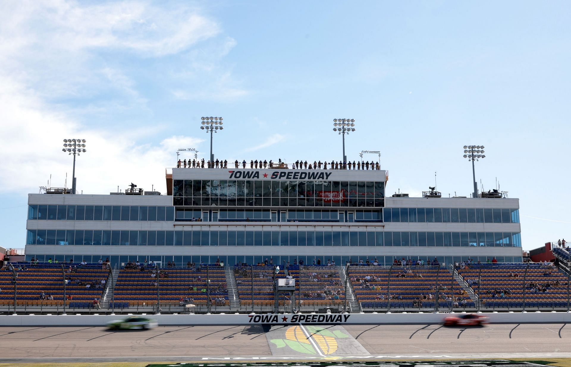 NASCAR Cup Series Iowa Corn 350 - Practice NEWTON, IOWA - JUNE 14: A general view of cars on track during practice for the NASCAR Cup Series Iowa Corn 350