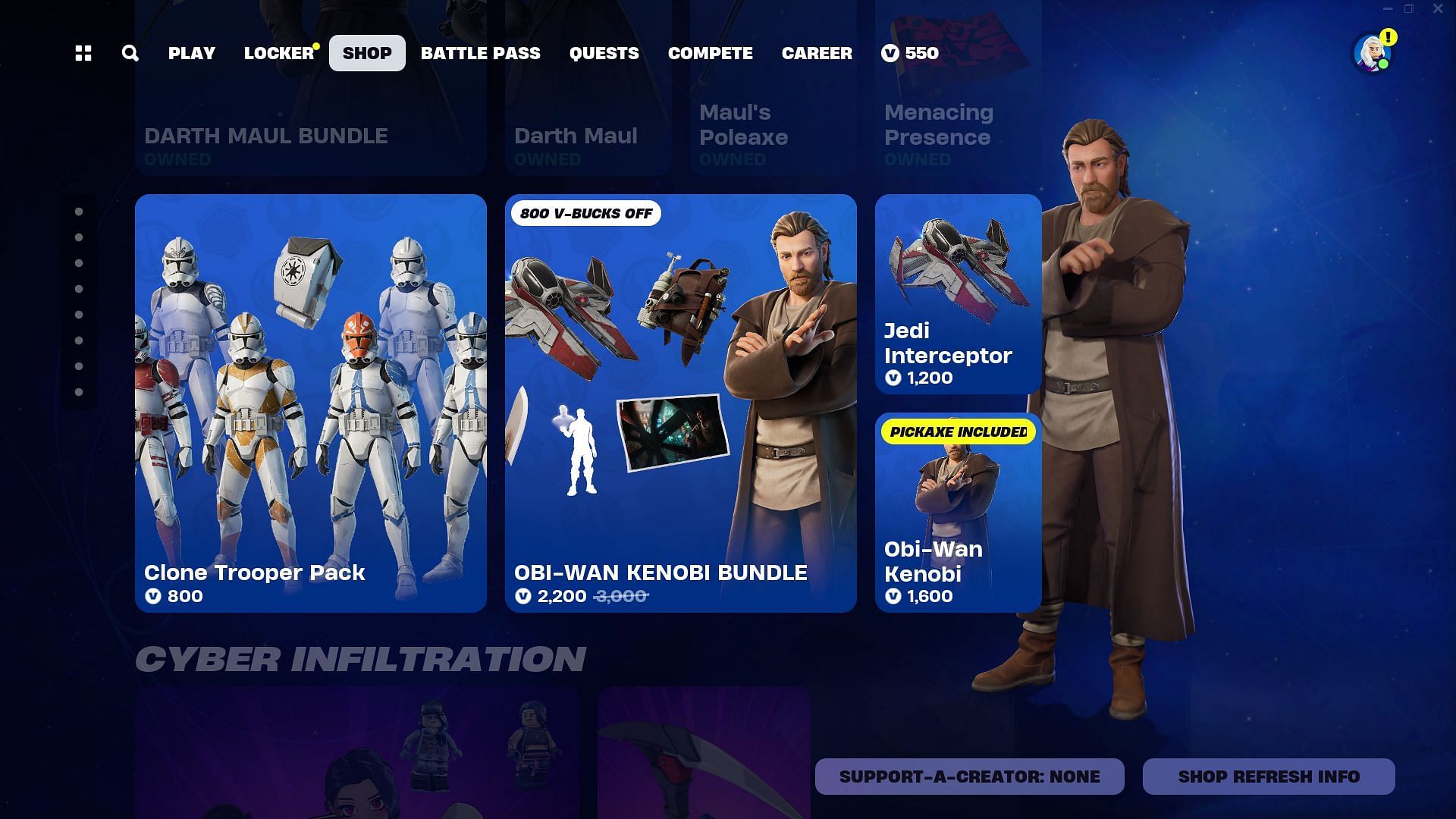 Obi-Wan Kenobi skin in Fortnite is currently listed in the Item Shop (Image via Epic Games)