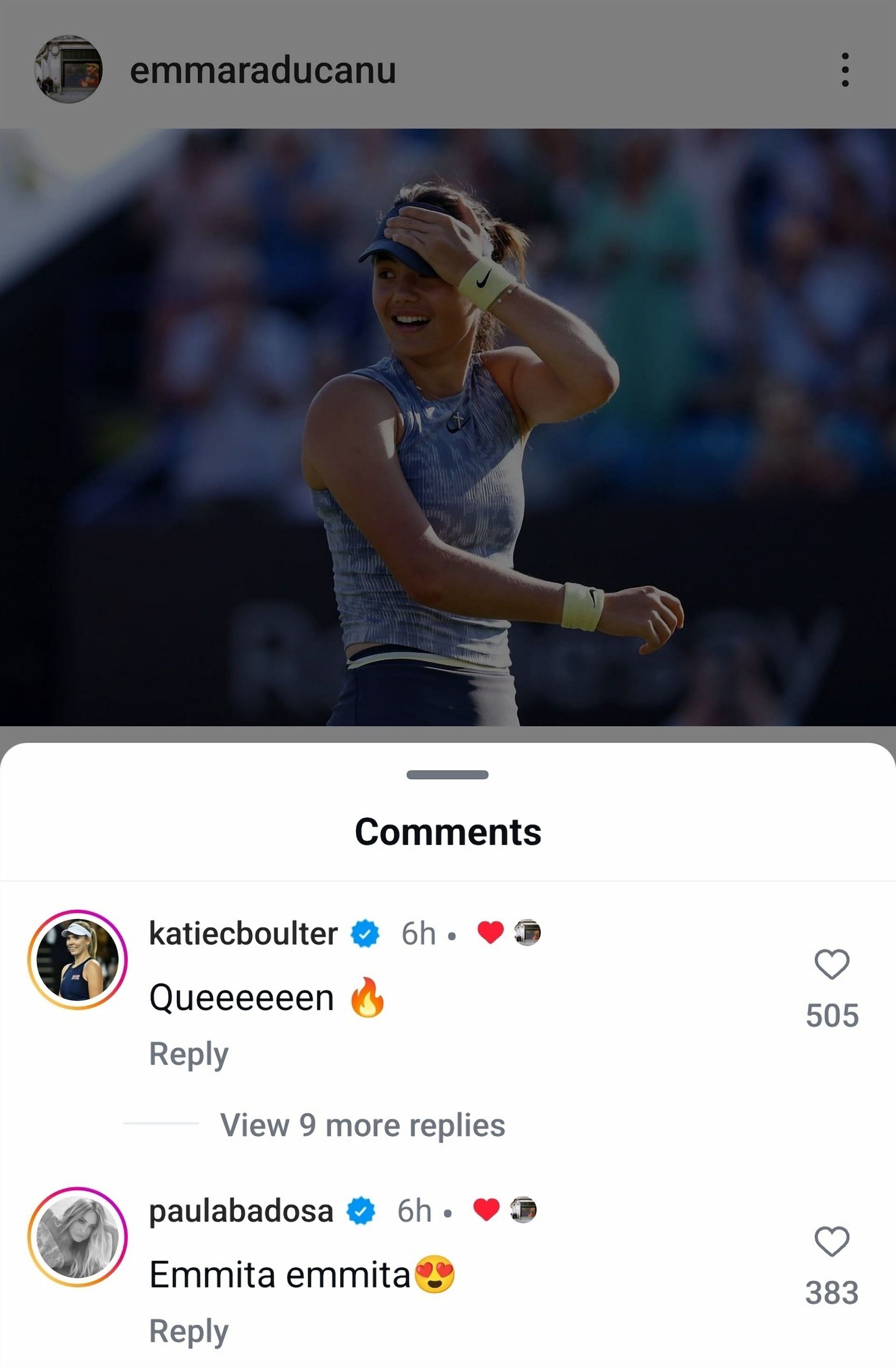 Screen grab of Katie Boulter &amp; Paula Badosa&#039;s comment under Raducanu&#039;s post