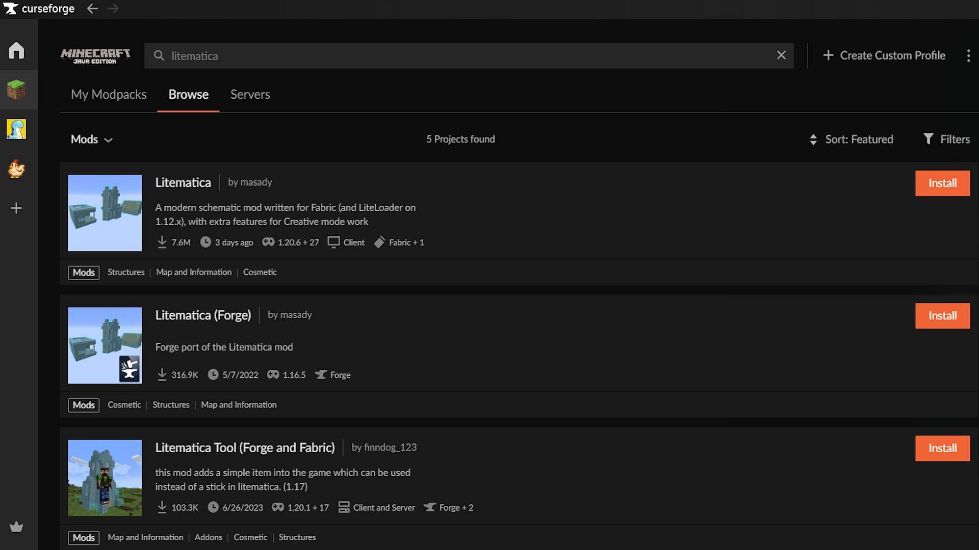 The search results for &quot;Litematica&quot; (Image via CurseForge)