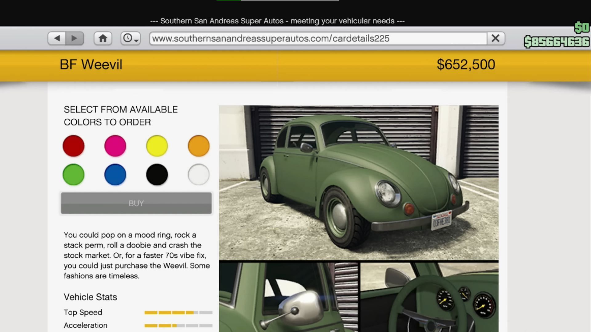 Weevil&#039;s Trade Price on Southern San Andreas Super Autos. (Image via Rockstar Games || YouTube/Digital Car Addict)