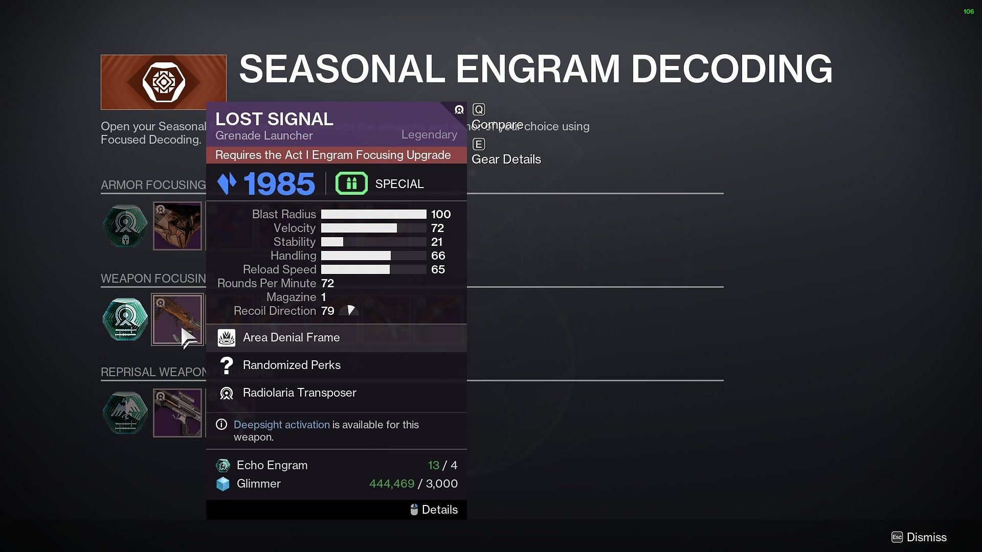 Seasonal Engram Decoding in Failsafe inventory (Image via Bungie)