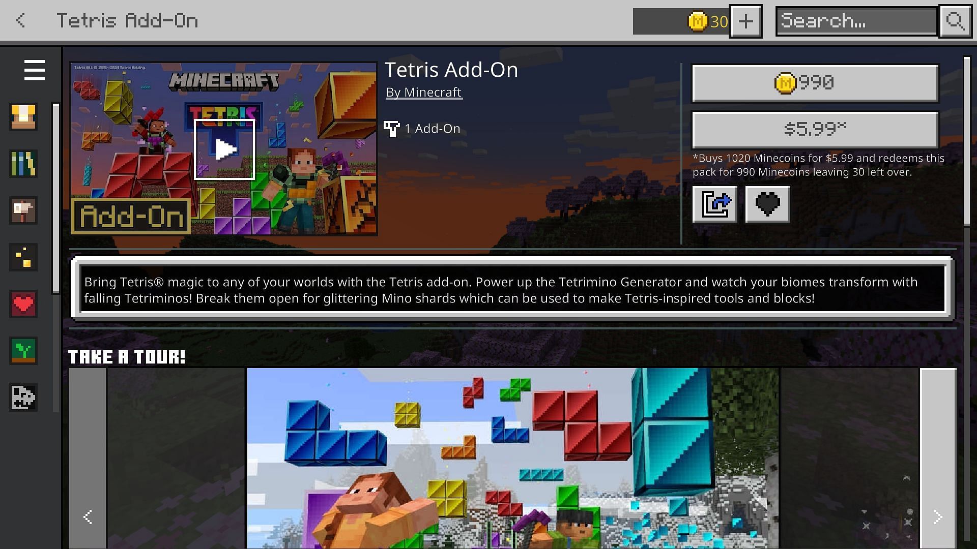 Players can download the Tetris addon via the in-game marketplace right now (Image via Mojang/Tetris Holding)