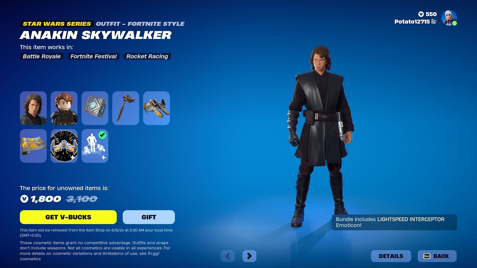 Anakin Skywalker in Fortnite will be listed until June 6, 2024 (Image via Epic Games)