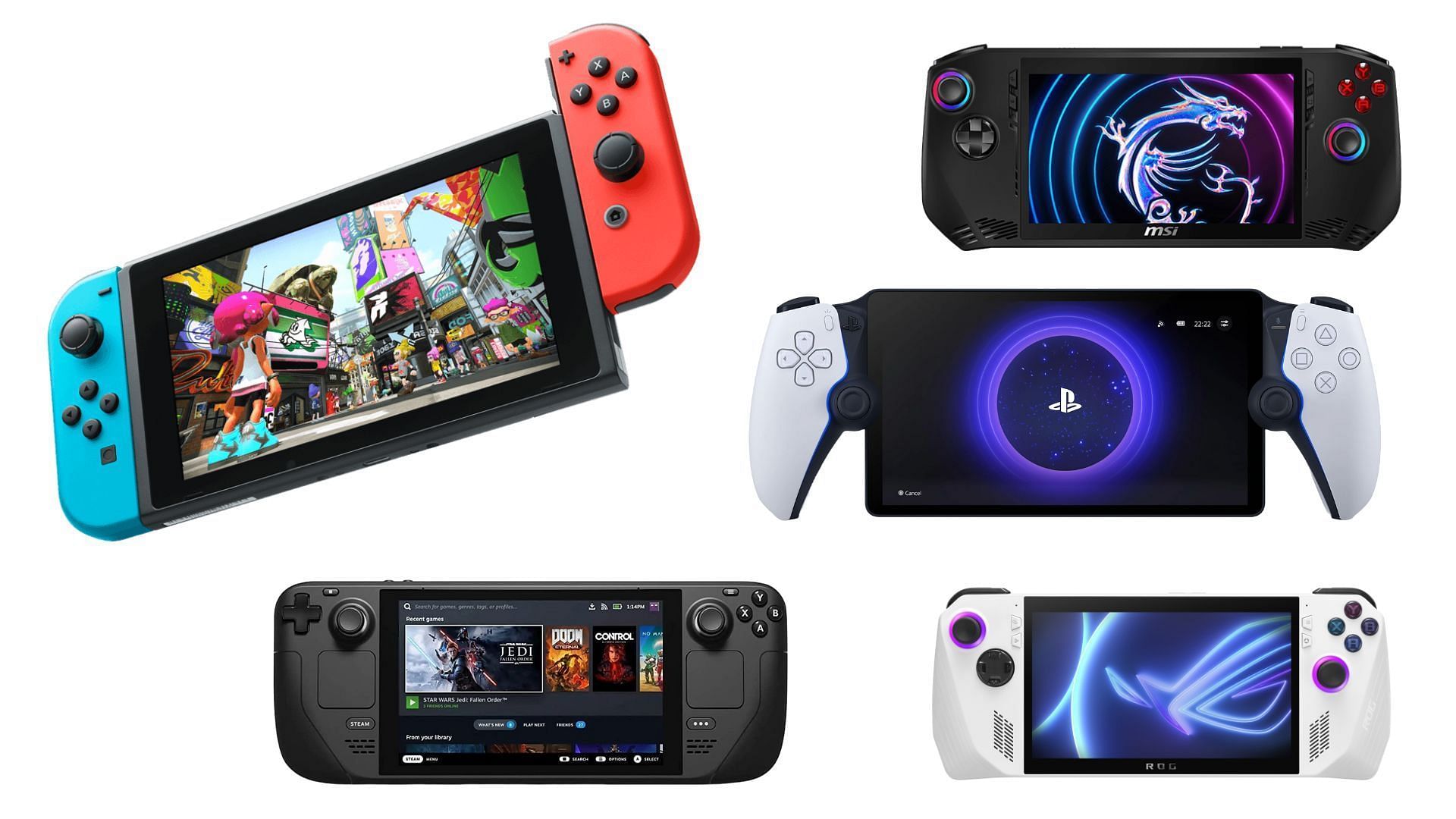 Nintendo needs to up its game now that there are so many new handhelds being released (Image via Asus, Steam, MSI, Nintendo, PlayStation)