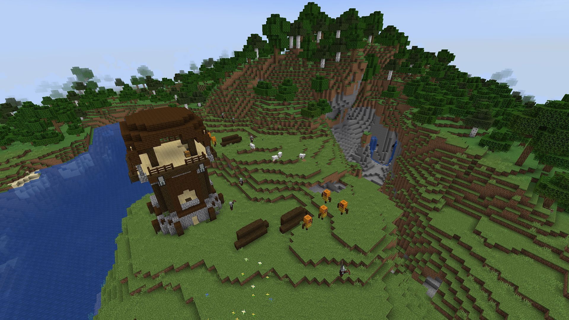 The pillager outpost right next to spawn (Image via Mojang)