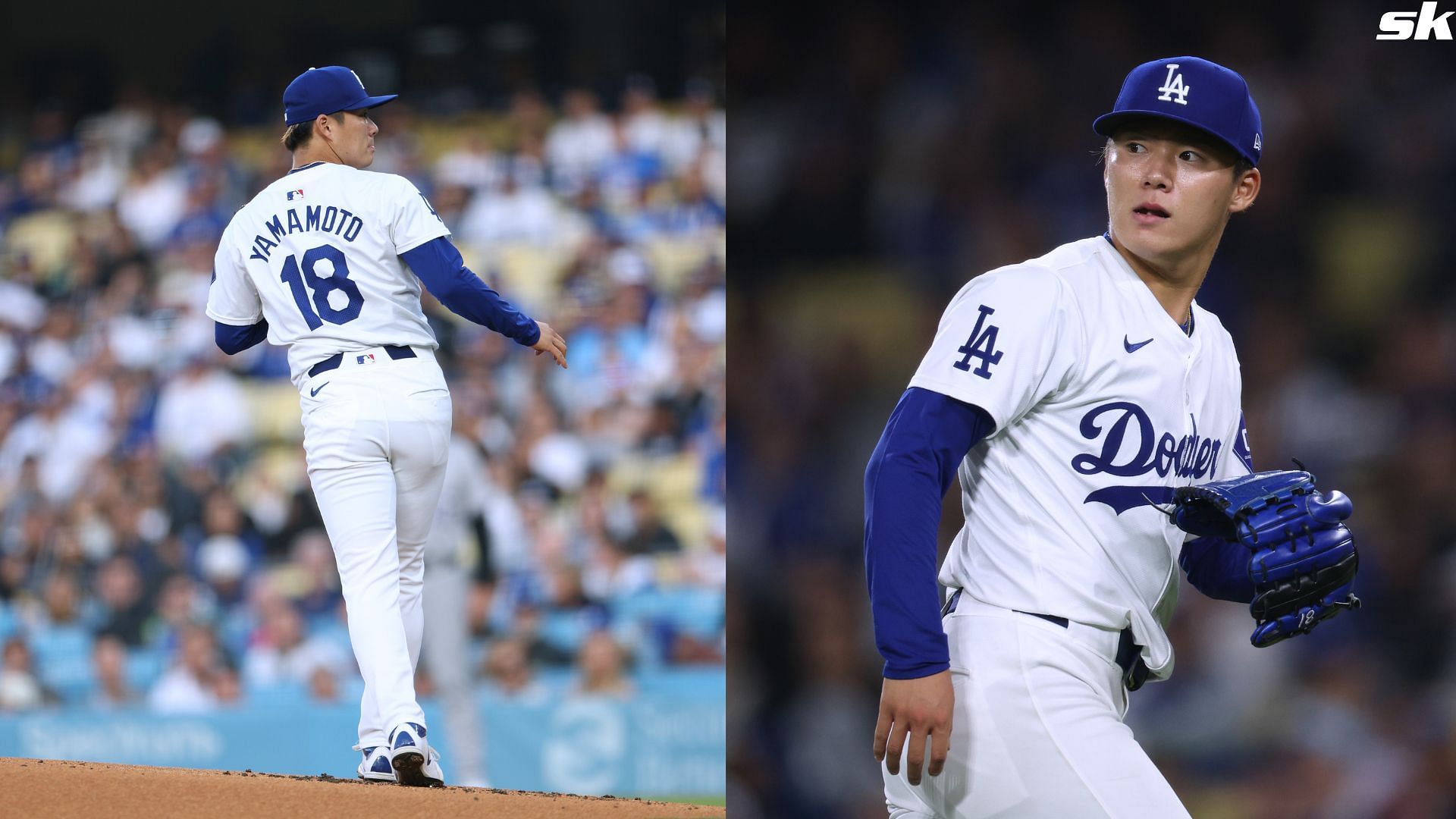 Yoshinobu Yamamoto of the Los Angeles Dodgers reacts on the mound during a 4-1 win over the Colorado Rockies at Dodger Stadium