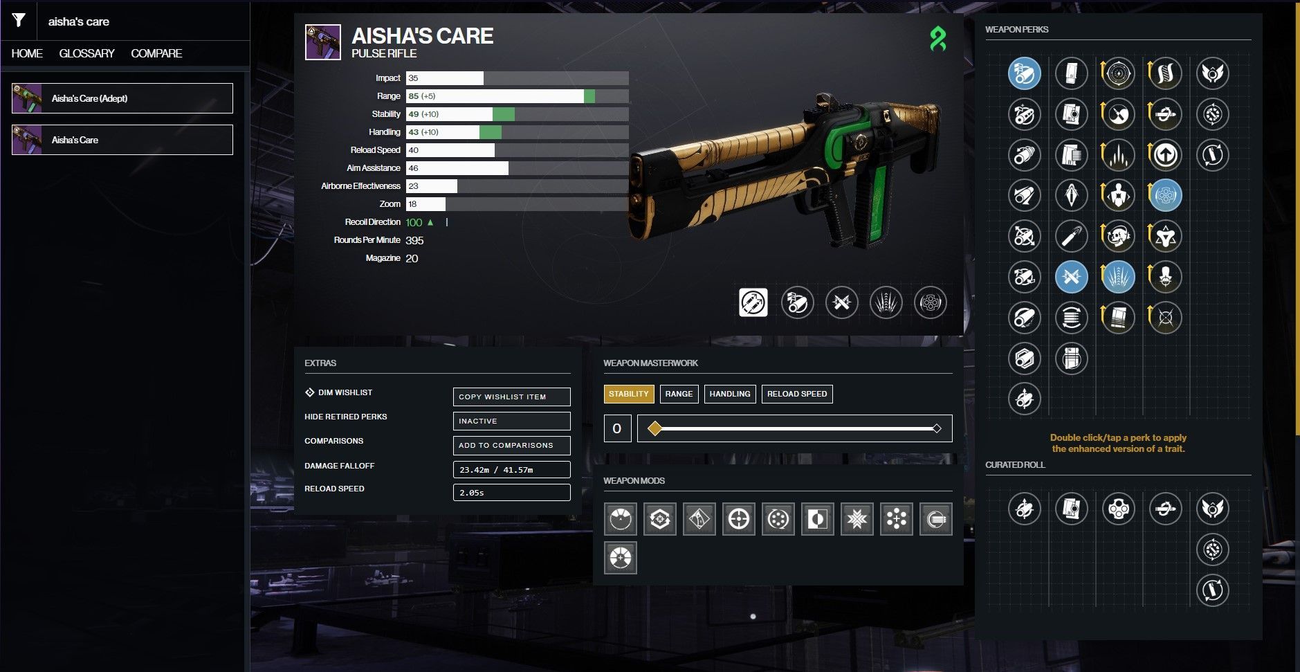 Aisha&#039;s Embrace PvP god roll in Destiny 2 (Image via Bungie)