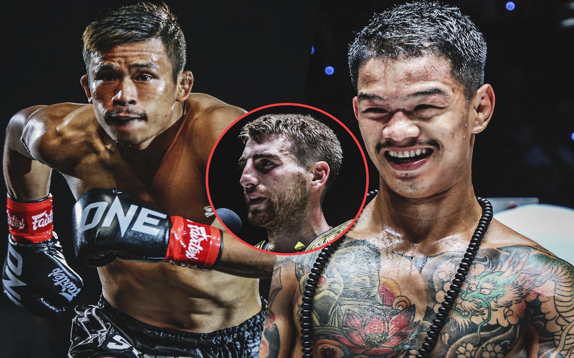 Jonathan Haggerty (center) was shocked to hear Superlek (left) is facing Kongthoranee (right) ahead of their bout.