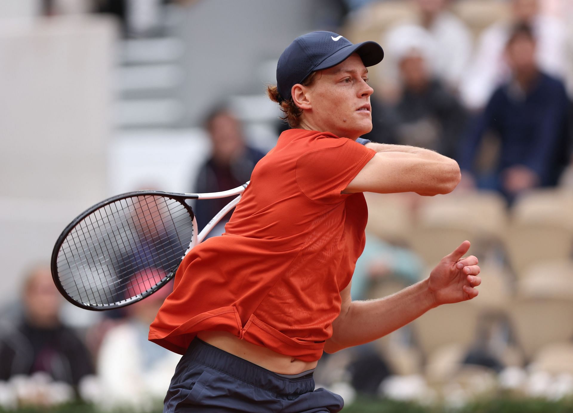 Jannik Sinner hits a shot at French Open. Getty