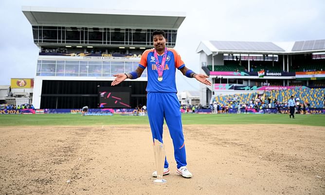 [Watch] Hardik Pandya's unique celebration with 2024 T20 World Cup Trophy on the Barbados pitch