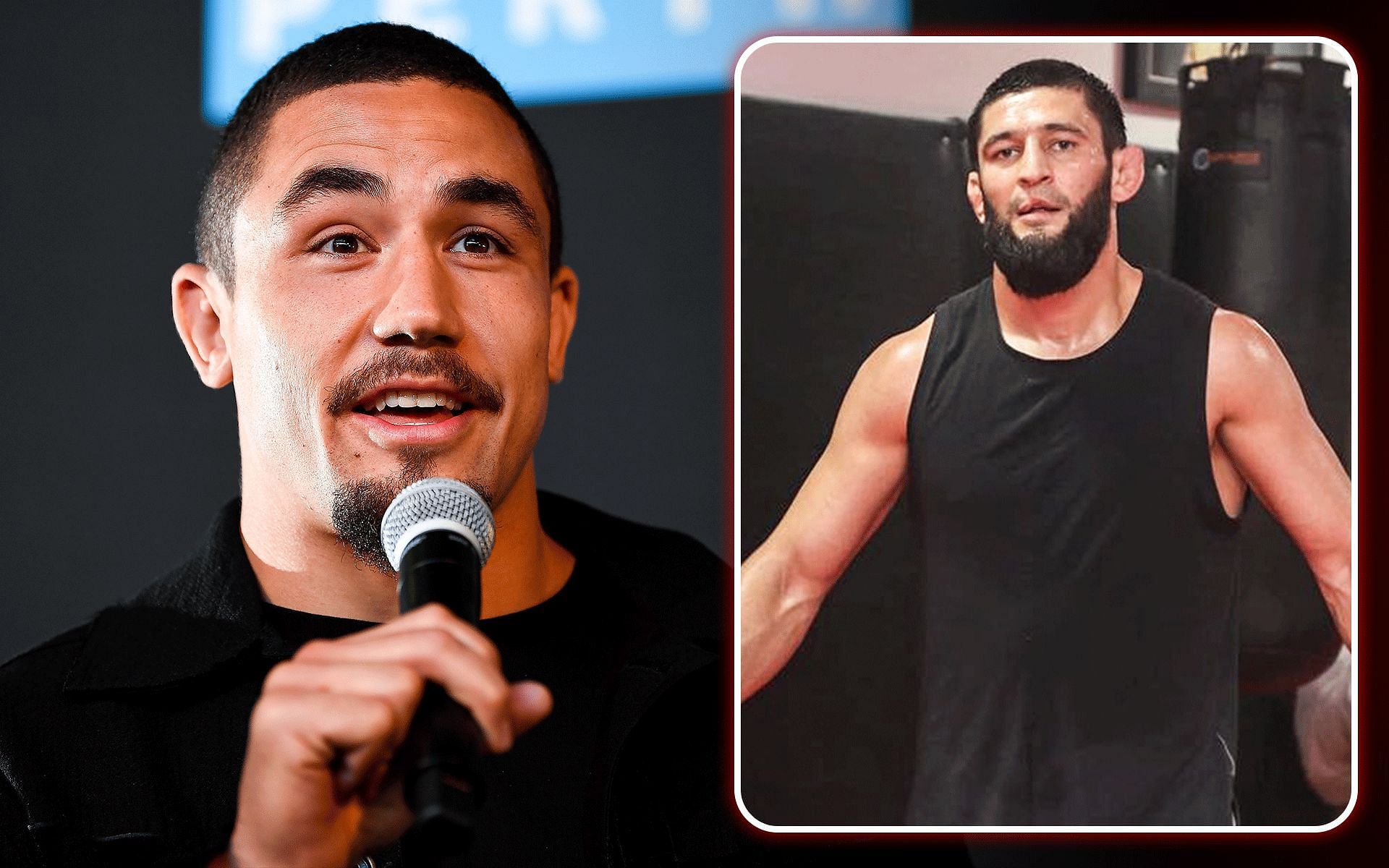 Robert Whittaker (left) reacts to question about Khamzat Chimaev (right) [Images courtesy: Getty and @khamzat_chimaev on Instagram]