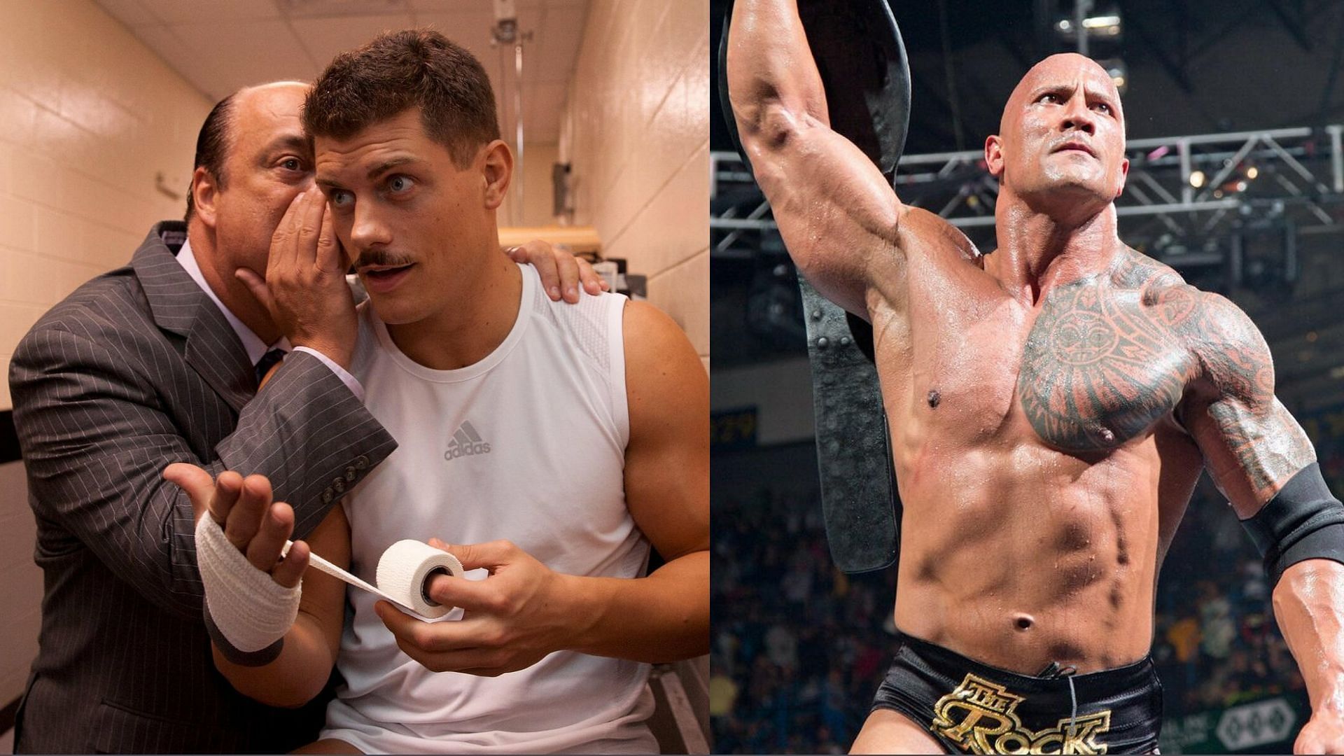 Cody Rhodes &amp; Paul Heyman (left); The Rock (right)