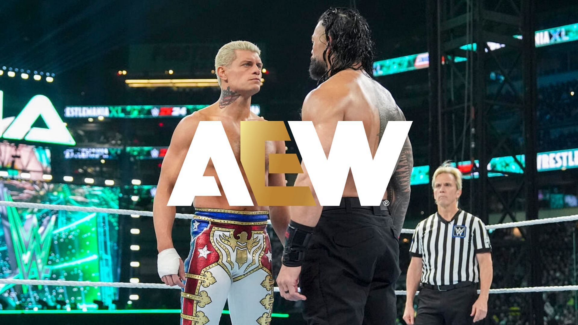 Cody Rhodes and Roman Reigns during an intense staredown.