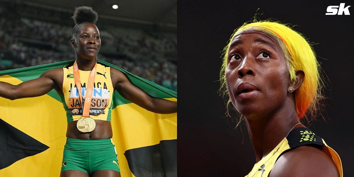 Shericka Jackson advances to 200m semifinals at the 2024 Jamaican Trials. (Both photos by Getty Images)