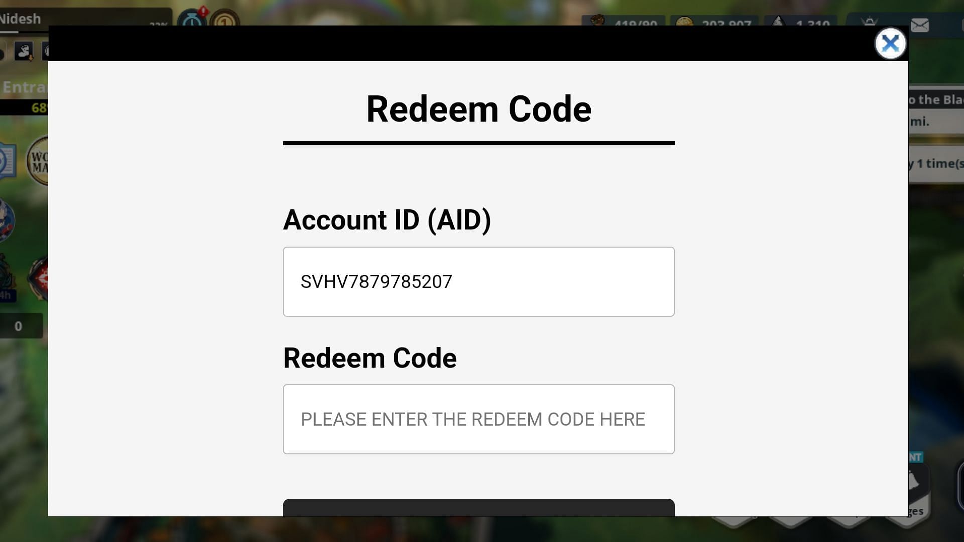 Paste any active code in the Redeem Code box and click the Confirm button to transfer free rewards to your in-game mailbox. (Image via Vic Game Studios)