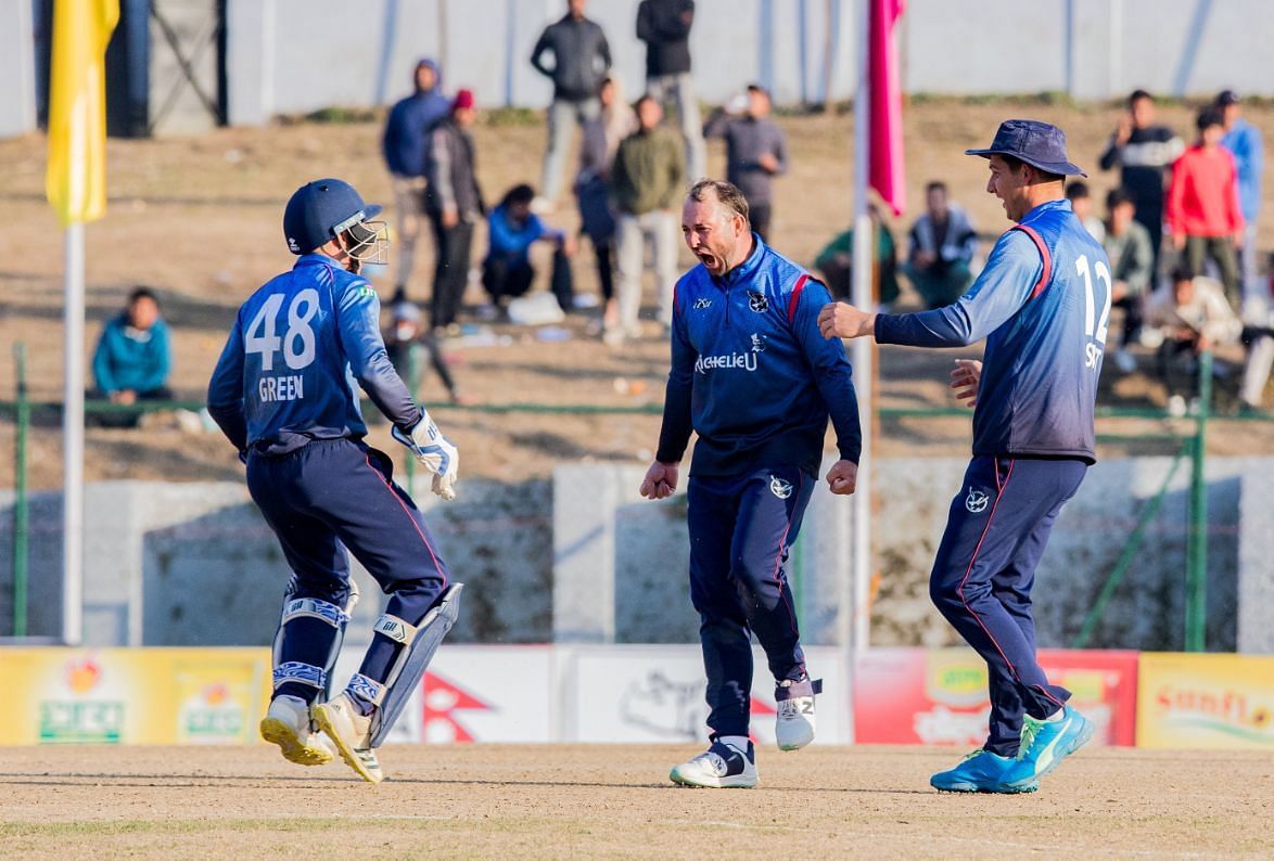 Jan Frylinck of Namibia celebrating his wicket (Credits: X / CricketNep)