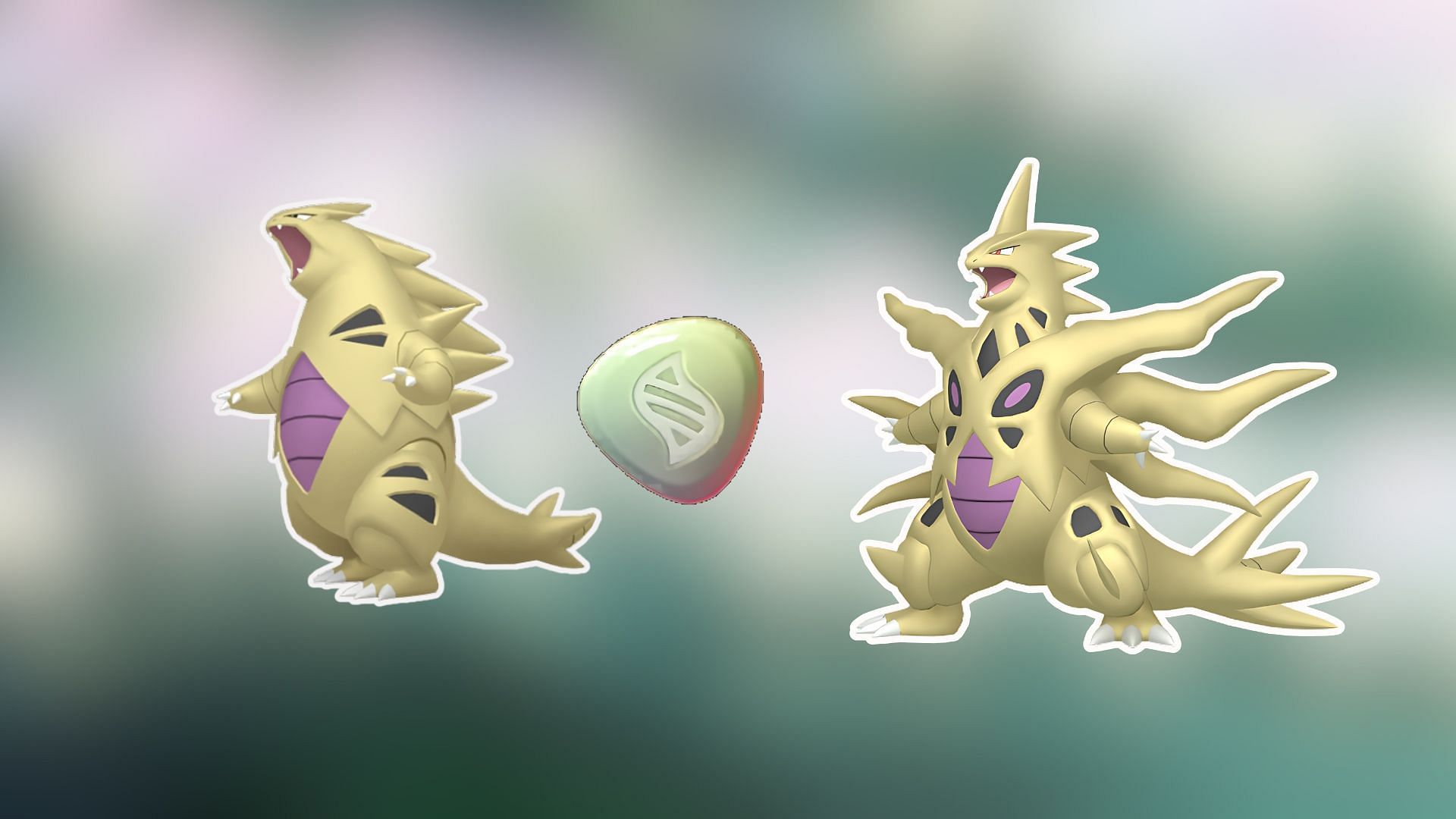 An image of Shiny Tyranitar evolving into Shiny Mega Tyranitar (Image via The Pokemon Company)