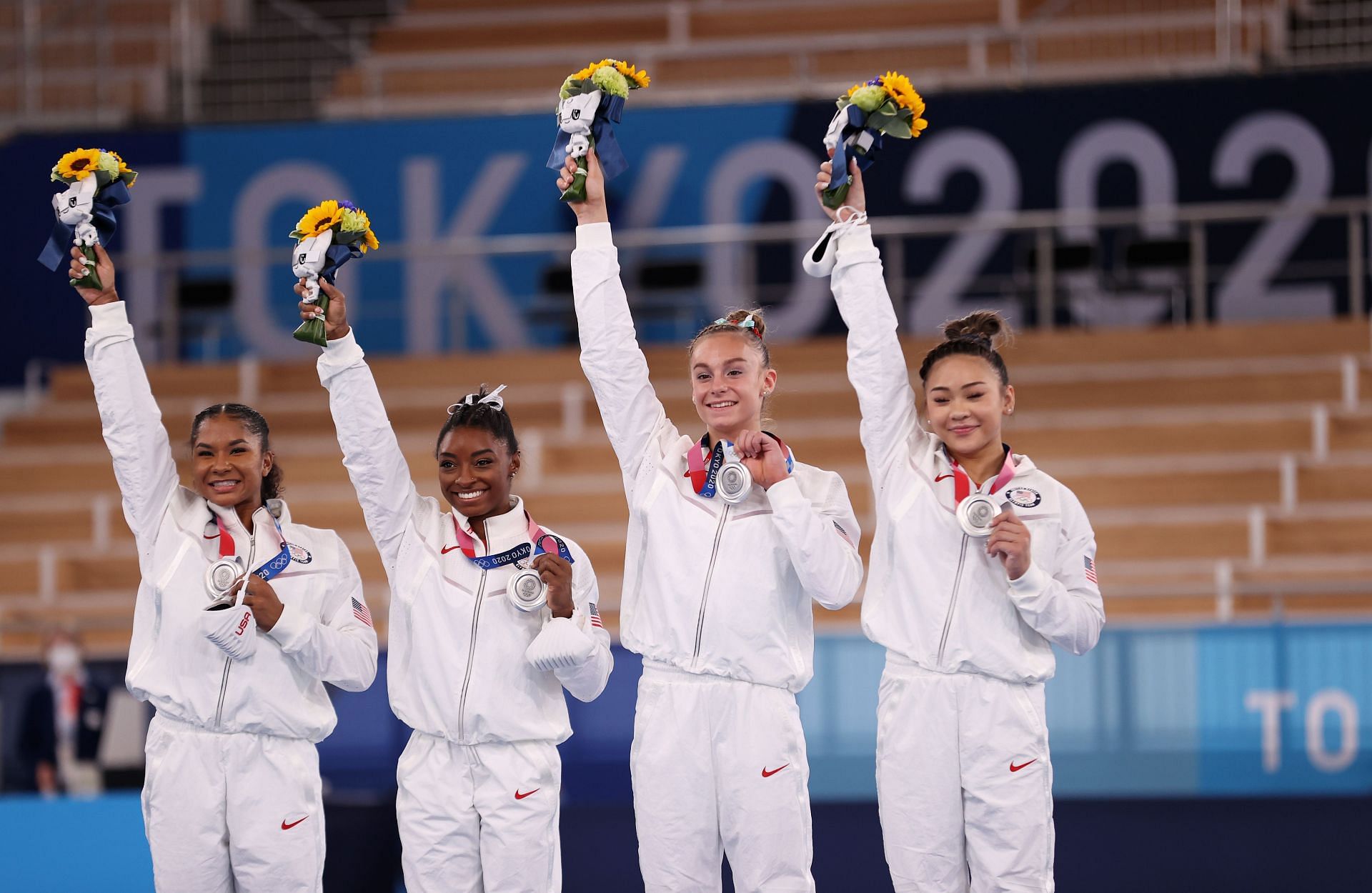 Jordan Chiles, Simone Biles, Grace McCallum and Sunisa Lee of Team United States at the Tokyo 2020 Olympic Games. (Photo by Laurence Griffiths/Getty Images)