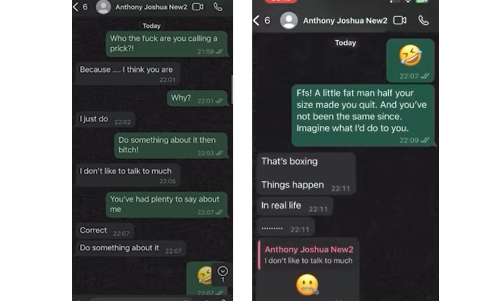 Screenshots of Joshua&#039;s heated messages with Carl Froch on WhatsApp