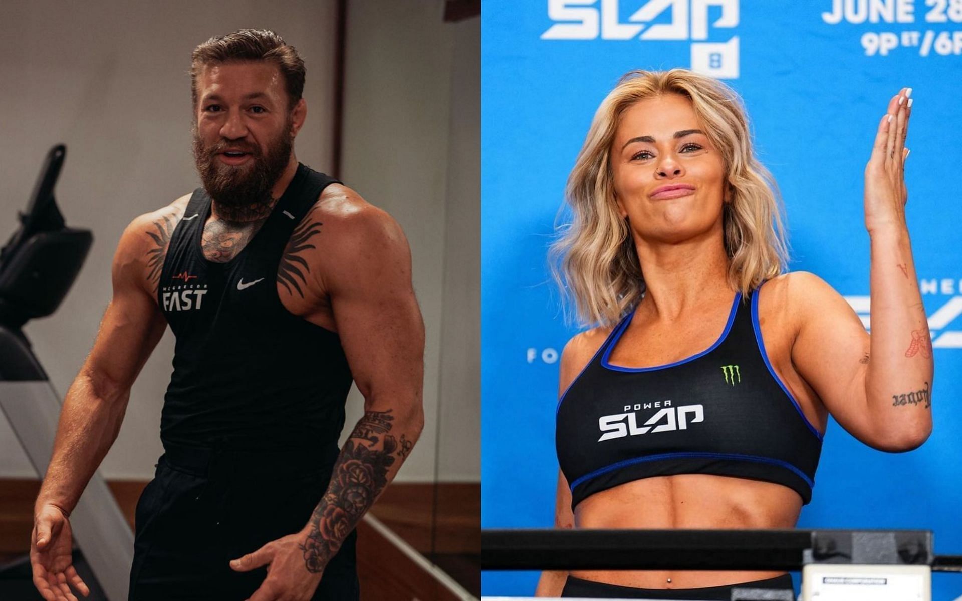Conor McGregor (left) reacts to Paige VanZant (right) making her Power Slap debut. [Images courtesy: @thenotoriousmma and @paigevanzant on Instagram]