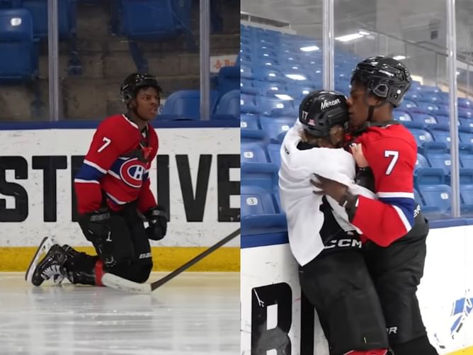 IShowSpeed slide-tackles during a game of ice hockey, gets into a physical altercation