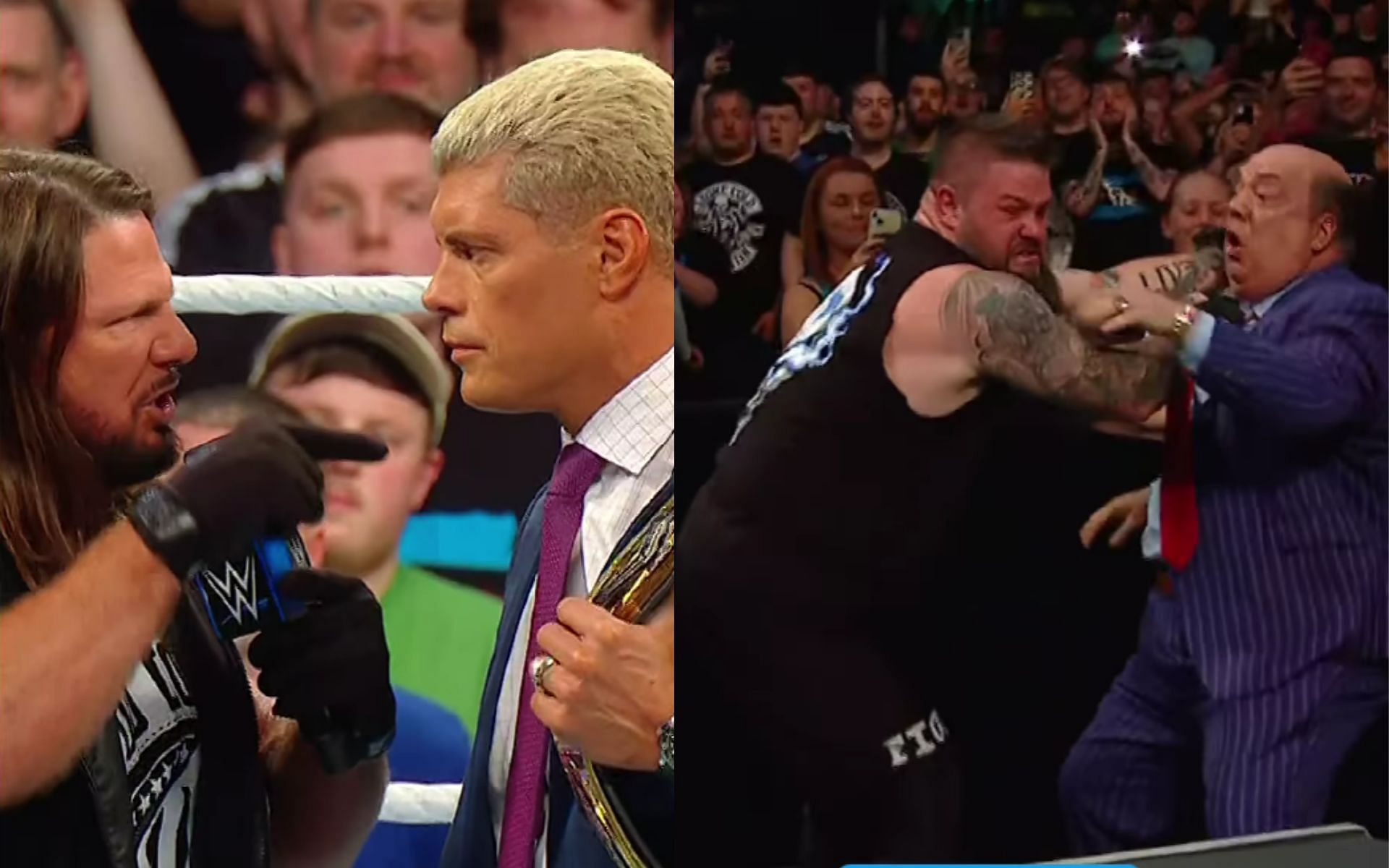 (Left) AJ Styles and Cody Rhodes (Right) Kevin Owens attacking Paul Heyman on SmackDown (Credit: WWE Instagram) 