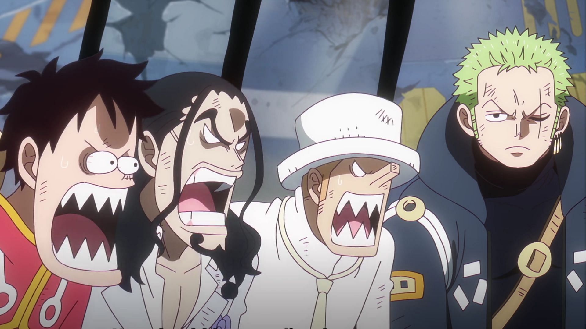 Luffy, Lucci, and Kaku react to Zoro&#039;s observation skills in One Piece episode 1110 (Image via Toei)