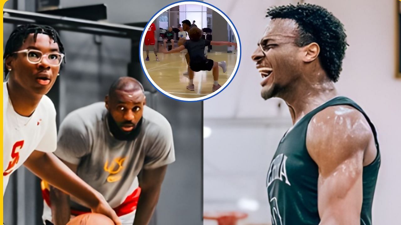 Bronny James stuns dad LeBron James &amp; Bryce James with an ankle breaker [Credit: LeBron James IG handle]