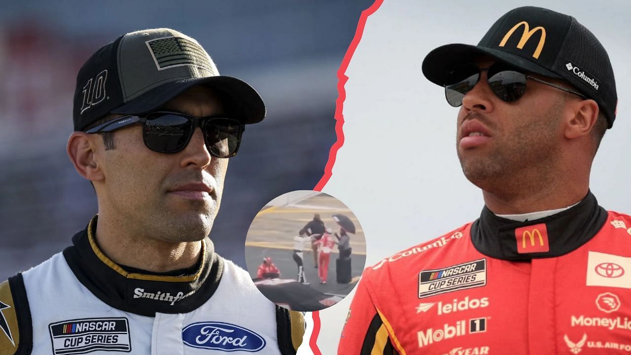 (L) Aric Almirola; (R) Bubba Wallace; (c) Almirola and Wallace previously involved in a scuffle. (Picture Credits - (L,R)Getty and (c) NASCAR YouTube