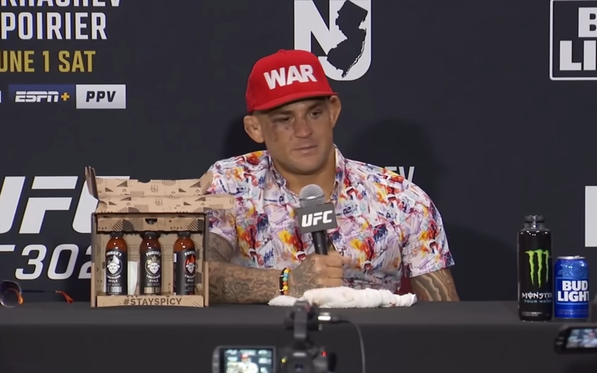 Dustin Poirier reacts to his UFC 302 loss at the event post-fight press conference [Photo Courtesy of UFC on YouTube]