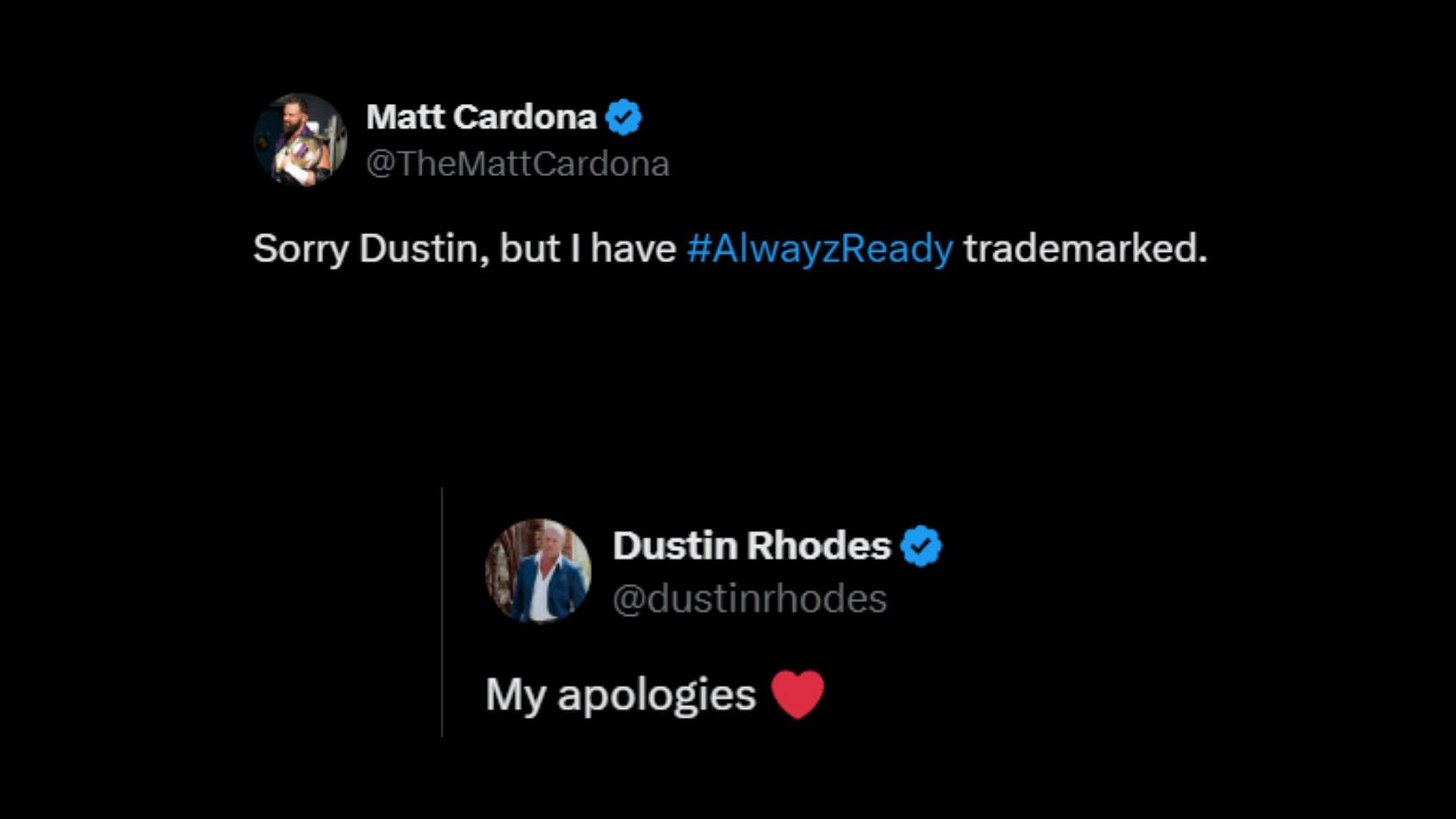 Screenshot of Matt Cardona and Dustin Rhodes' tweets