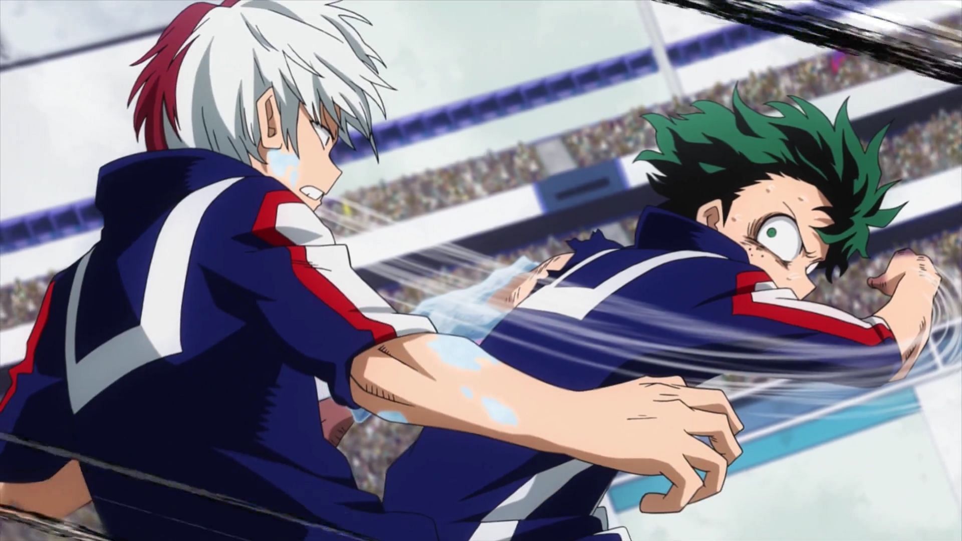 Deku versus Shoto Todoroki was at one time considered not just one of the best My Hero Academia fights, but the best overall (Image via BONES)