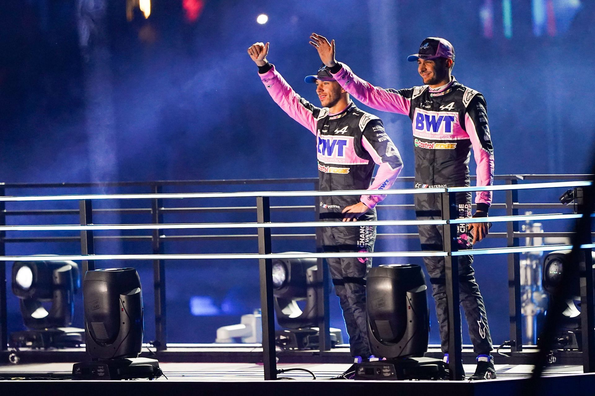 Pierre Gasly of France and Alpine F1 and Esteban Ocon of France and Alpine F1 are seen during the opening ceremony ahead of the F1 Grand Prix of Las Vegas at Las Vegas Strip Circuit on November 15, 2023 in Las Vegas, Nevada. (Photo by Alex Bierens de Haan/Getty Images for Heineken)