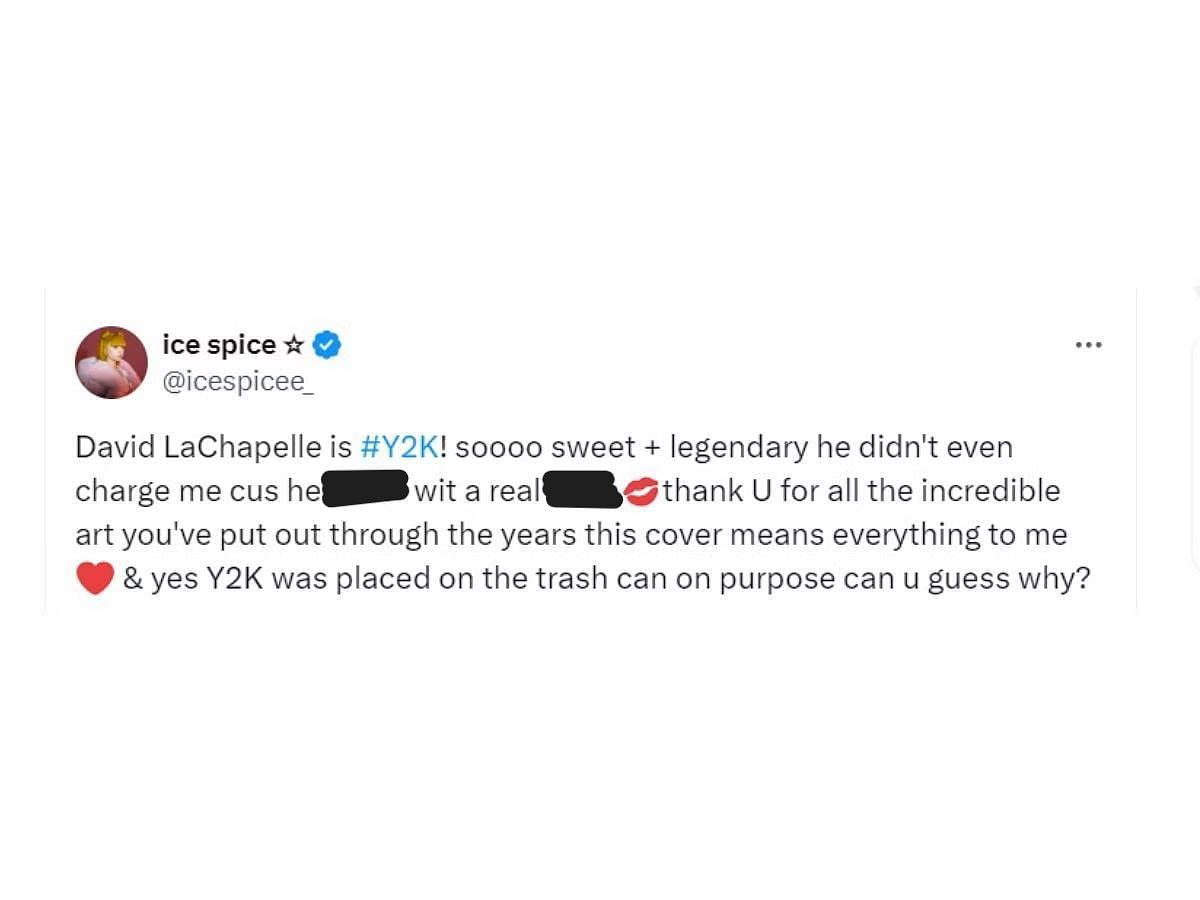 Ice Spice&#039;s tweet thanking David LaChapelle (Image via X/ @icespicee_)