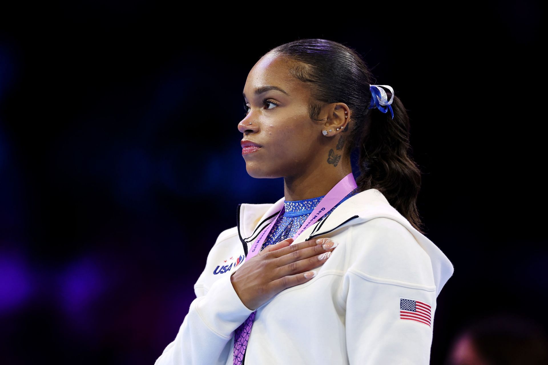 Shilese Jones during the medal ceremony for the Women&#039;s All Around Final at the 2023 Artistic Gymnastics World Championships in Antwerp, Belgium. (Photo by Getty Images)