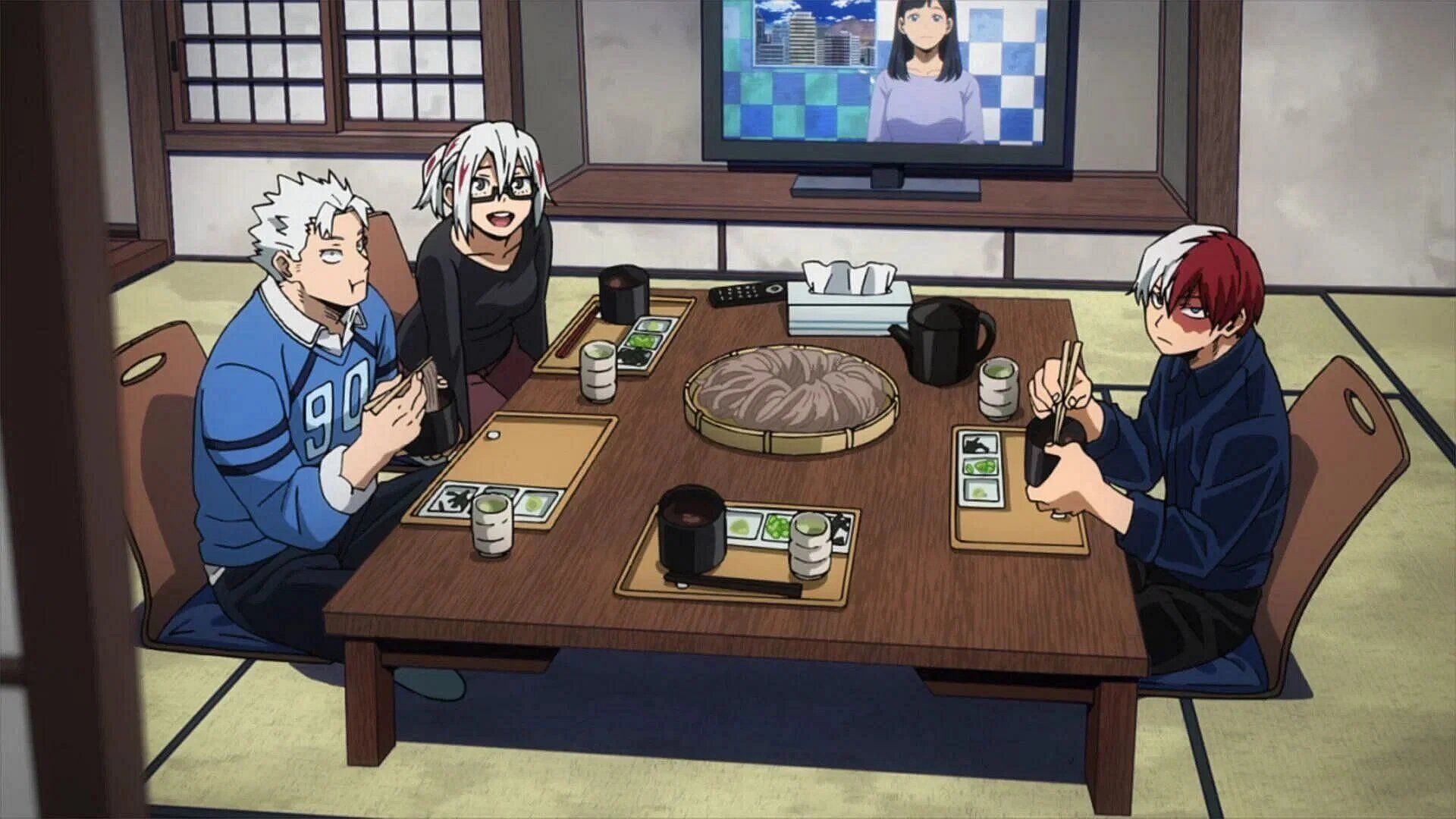 Natsuo, Fuyumi, and Shoto eating together in the anime (Image via Bones)