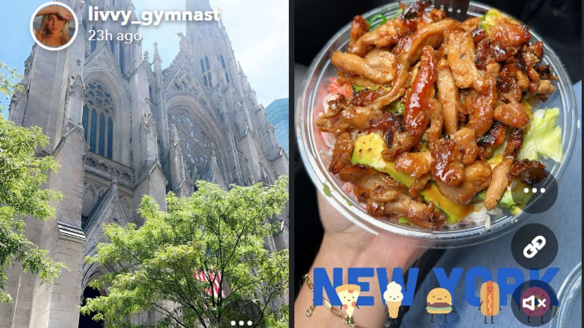 Olivia Dunne enjoying some street food in sunny New York City. (Image credit: Snapchat/livvy_gymnast)