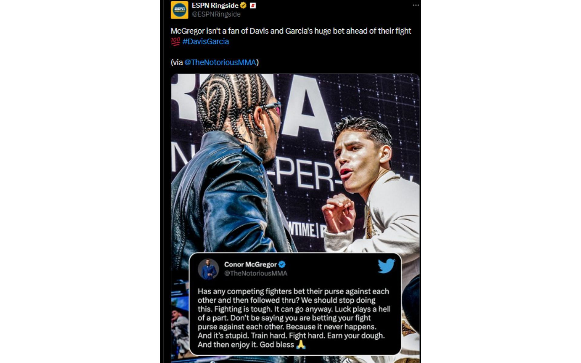 McGregor's tweet regarding Davis vs. Garcia [Image courtesy: @ESPNRingside - X]