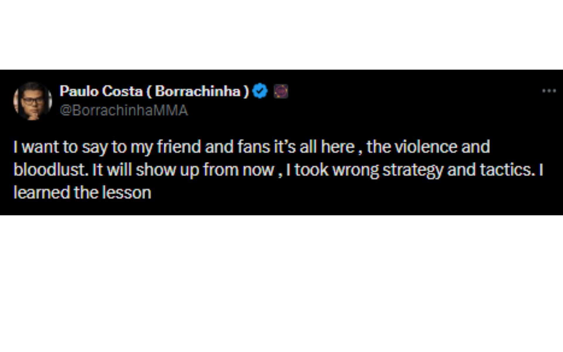 Costa&#039;s tweet regarding his performance against Strickland [Image courtesy: @BorrachinhaMMA - X]