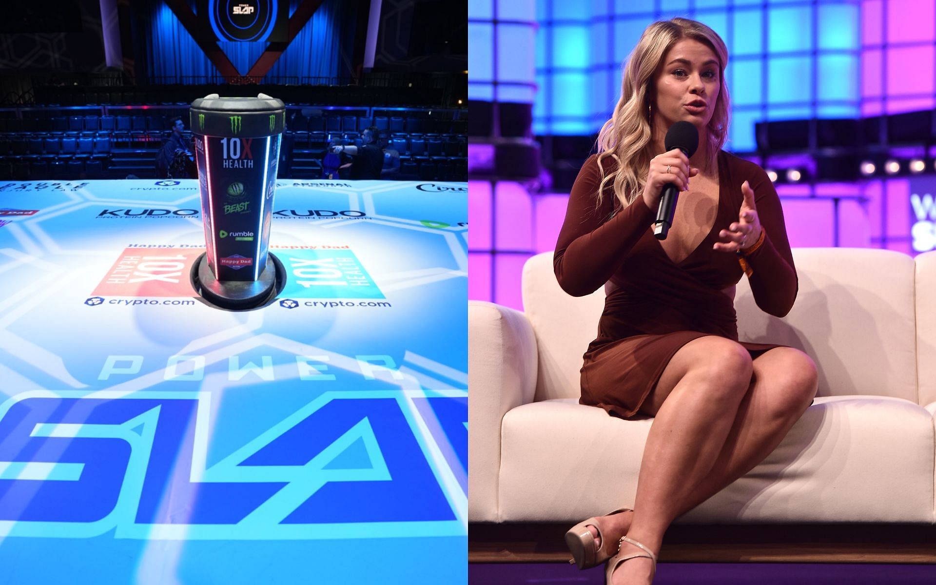 The Power Slap ring (left) could soon play host to former UFC star Paige VanZant (right) [Images courtesy: Power Slap and Getty Images]