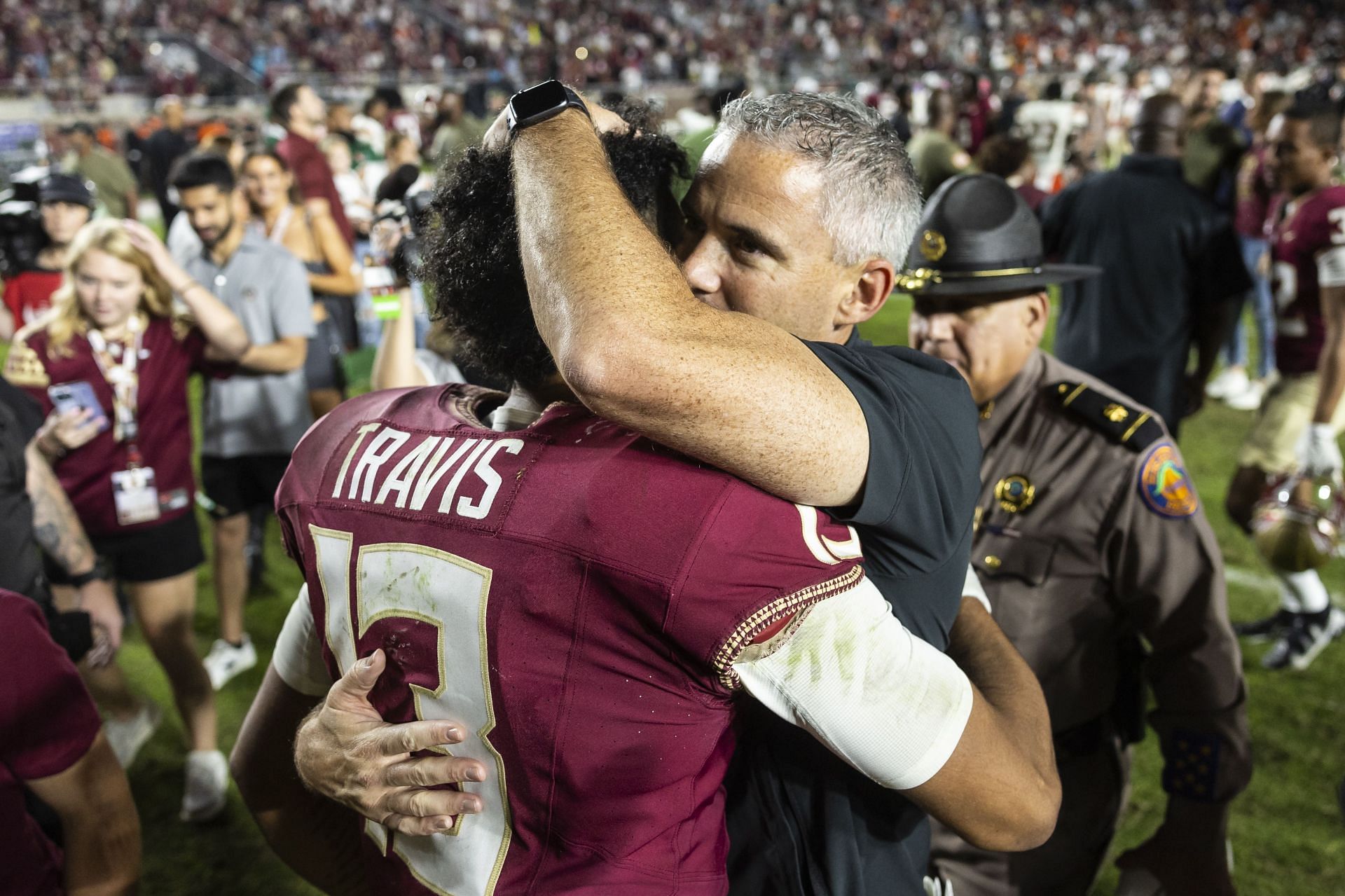 Head coach Mike Norvell of the Florida State Seminoles and quarterback Jordan Travis.