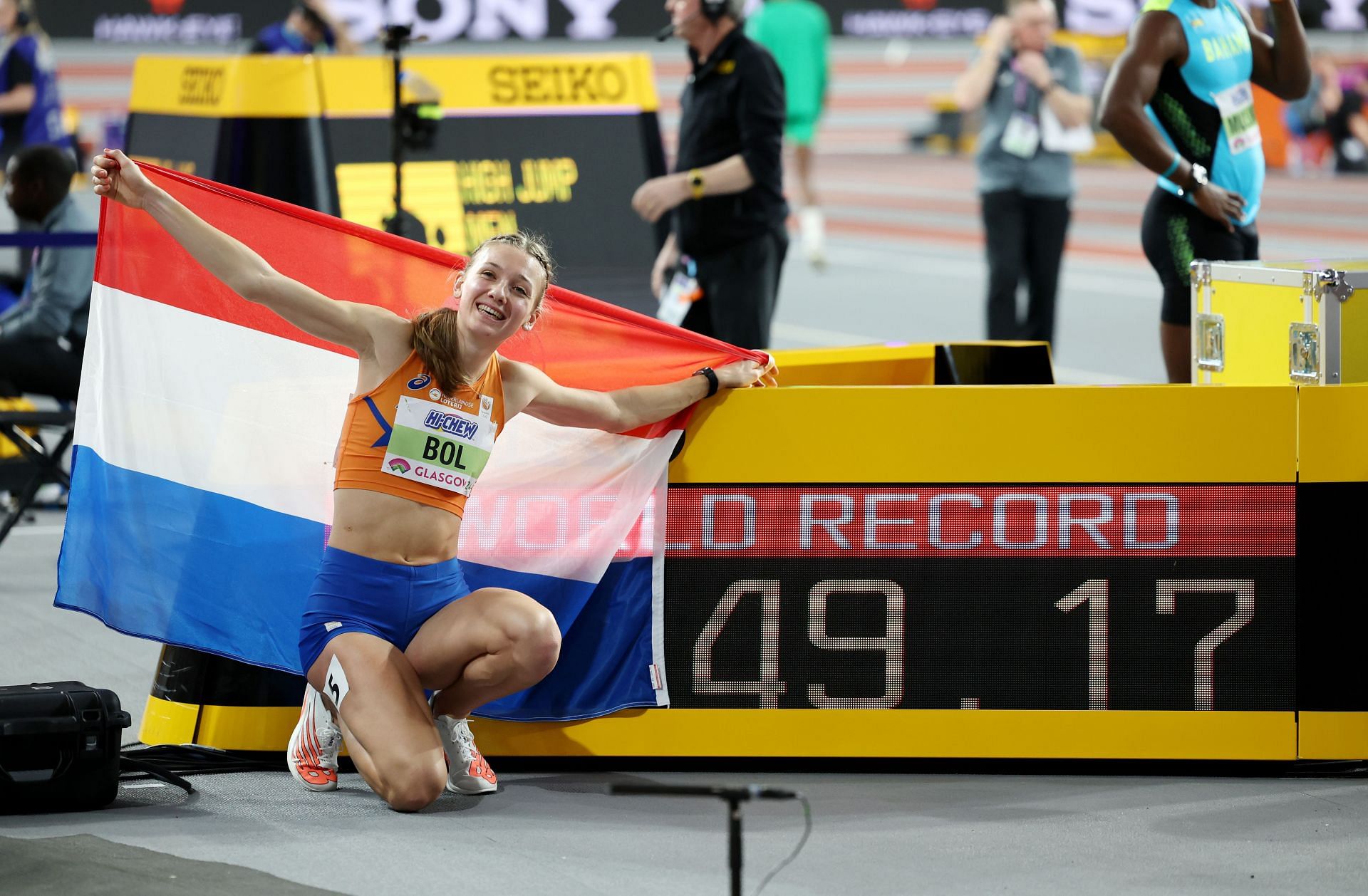 Femke Bol of Team Netherlands poses for a photo with the scoreboard after setting a new World Record and winning the Women&#039;s 400 Metres Final on Day Two of the World Athletics Indoor Championships Glasgow 2024 at Emirates Arena on March 02, 2024 in Glasgow, Scotland. (Photo by Ian MacNicol/Getty Images)