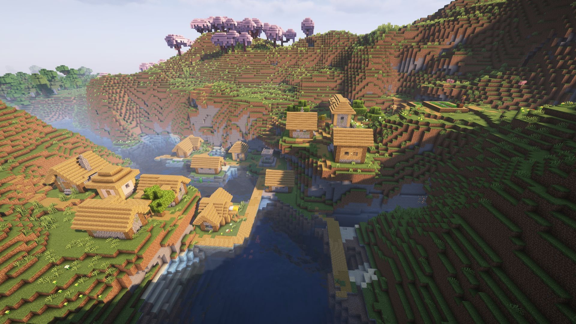 A large village near a cherry grove (Image via Mojang)