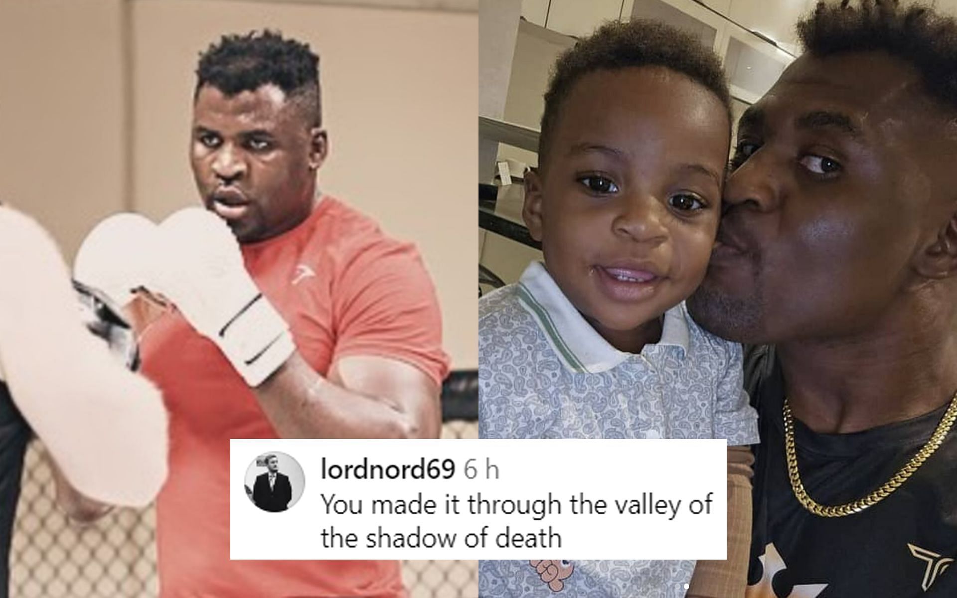 Francis Ngannou returned to training (left) after the untimely demise of his son Kobe (right) [Images courtesy: @eric_xcmma and @francisngannou on Instagram]