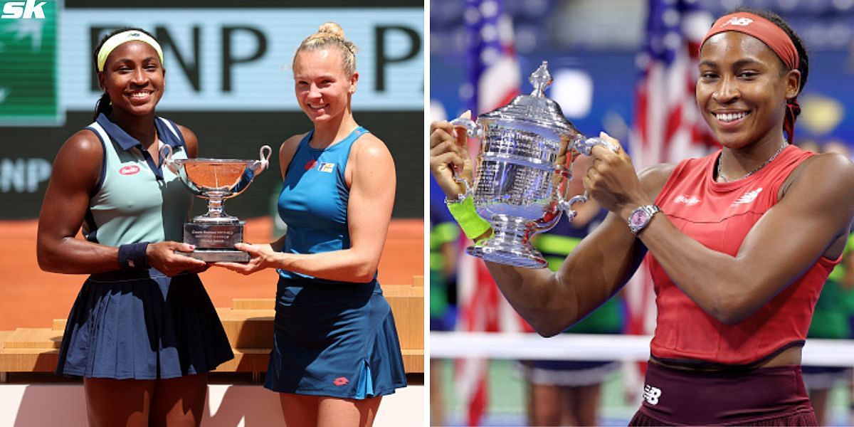 Coco Gauff &amp; Katerina Siniakova with their 2024 French Open doubles trophy (L) and Gauff with the 2023 US Open trophy (R) [Source: Getty Images]