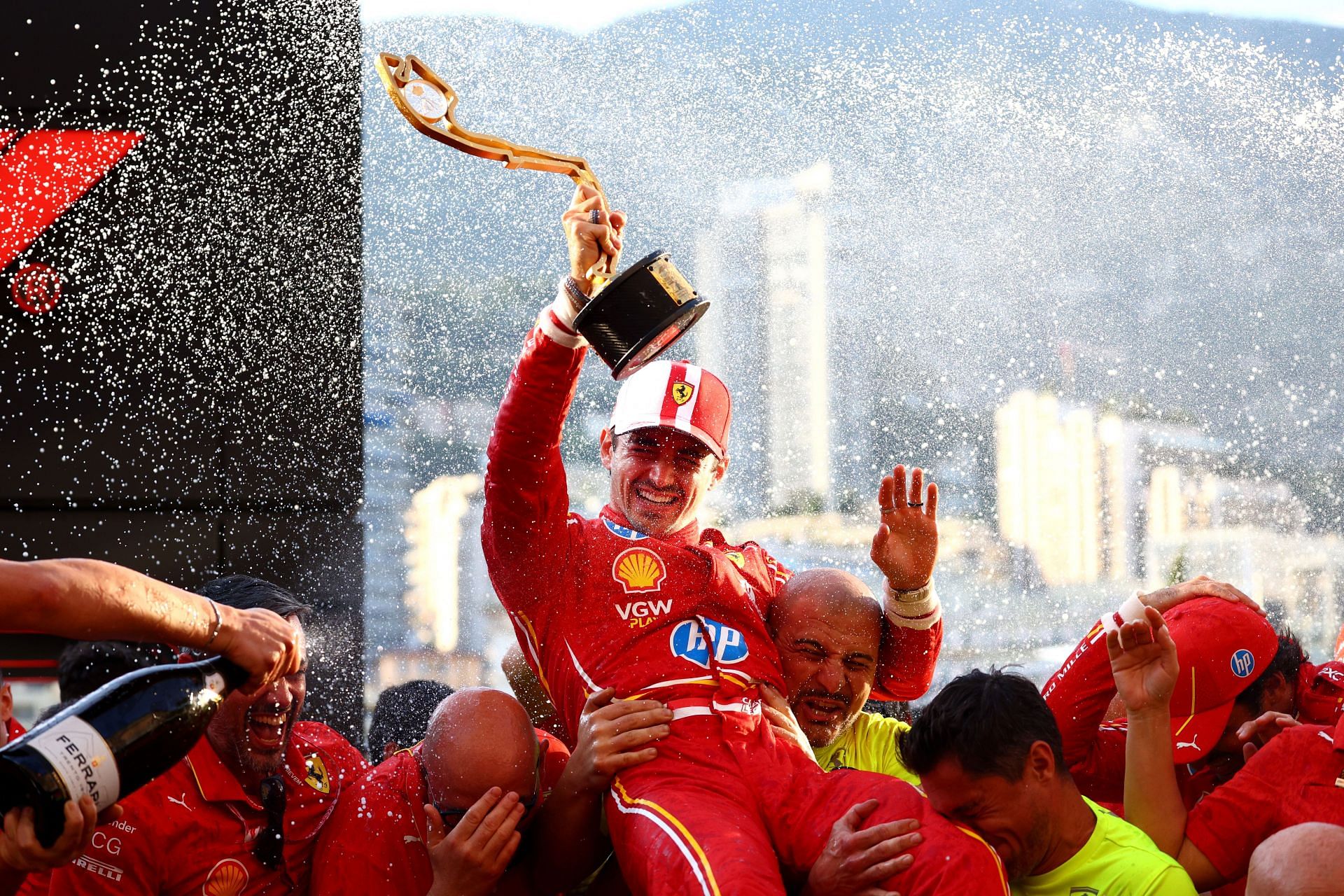 Charles Leclerc of Monaco and Ferrari celebrates with his team after the F1 Grand Prix of Monaco at Circuit de Monaco. Courtesy: Getty